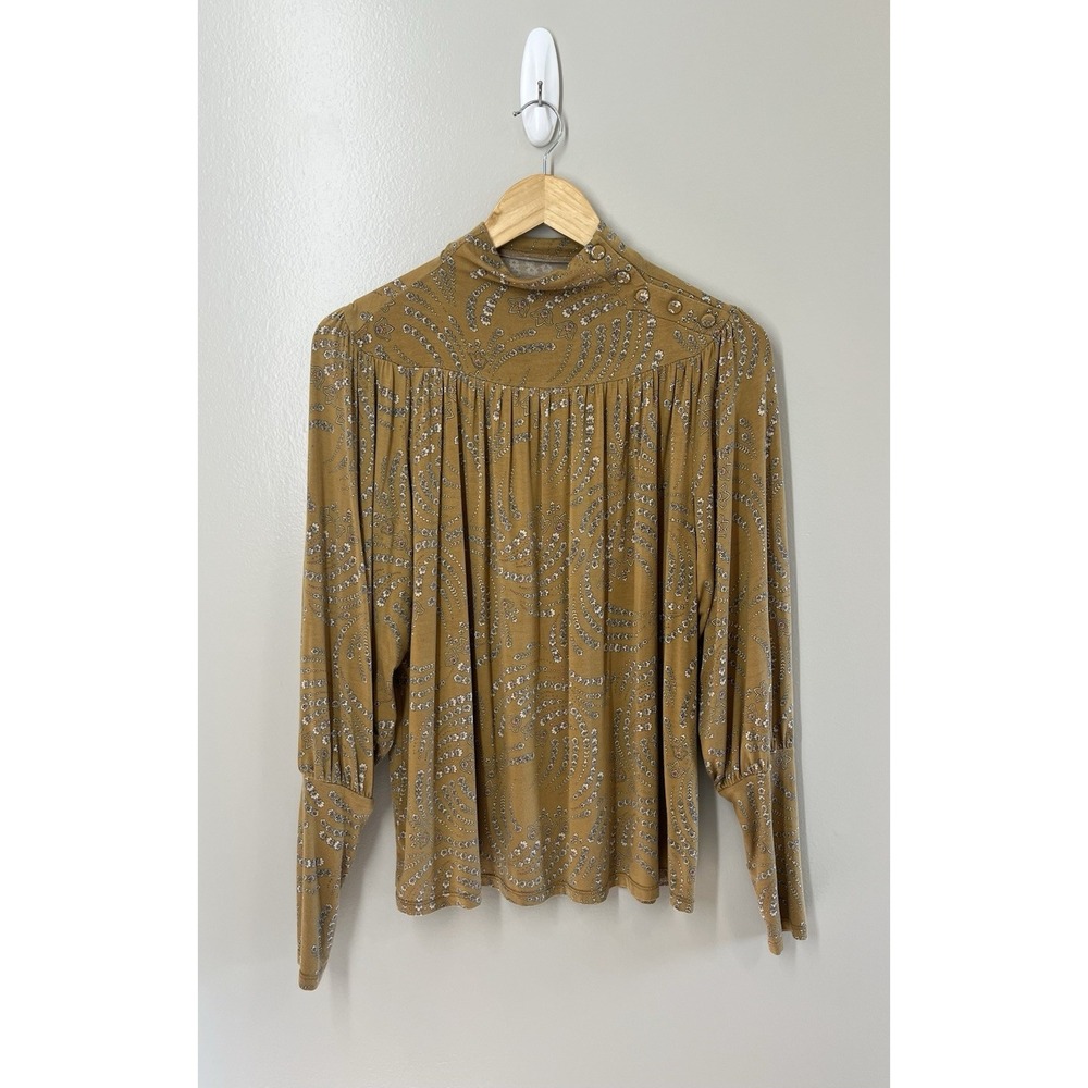 Ann Taylor Shirt Womens Yellow Floral Mock Neck Long Sleeve Stretch Jersey Sz Lg